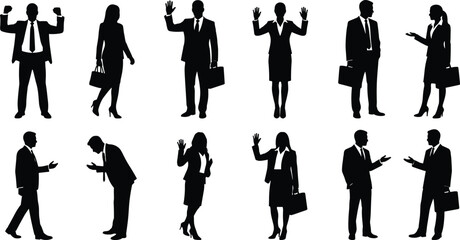 Business people vector silhouette collection featuring professional corporate managers waving greeting talking bowing and celebrating success © MDMEHEDI