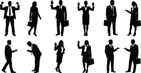Business people vector silhouette collection featuring professional corporate managers waving greeting talking bowing and celebrating success © MDMEHEDI