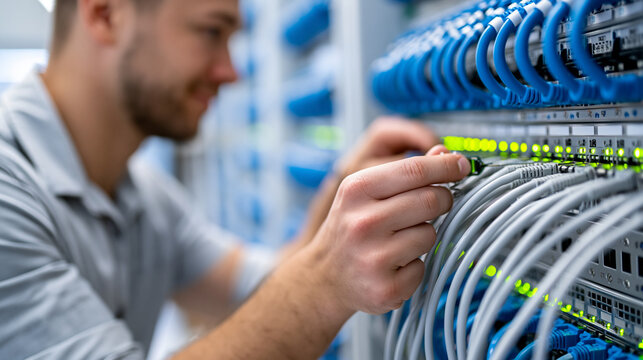 Anonymous technician installs security hardware in a server room, visible cable management and blinking indicator lights, defocused server rows in background, IT infrastructure