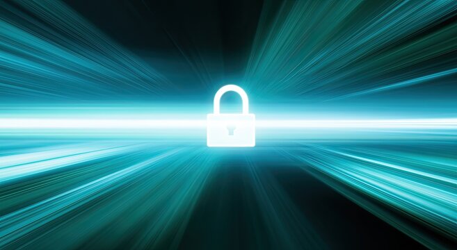 Glowing padlock on a streak of light, representing digital security and speed