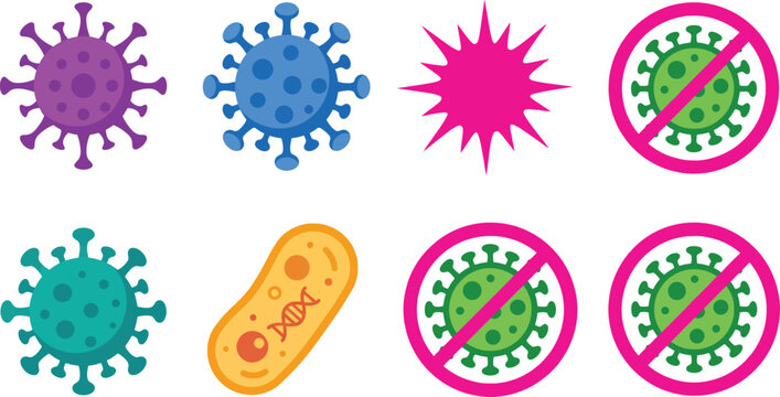 Set of colorful virus and bacteria including purple blue and teal pathogens a pink starburst shape and green germs inside red prohibition circles with d n a strand inside an orange cell