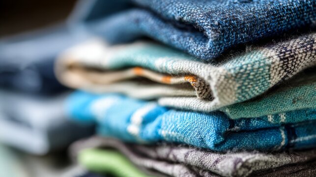 Close-Up View of Various Textiles Prepared for Textile Recycling with Focus on Used Clothing and Fabric Piling