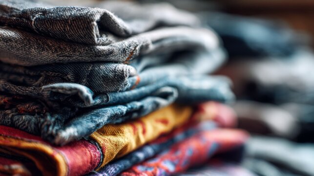 Close-Up of Neatly Stacked Used Clothing Textiles Ready for Recycling and Sustainable Fashion Practices