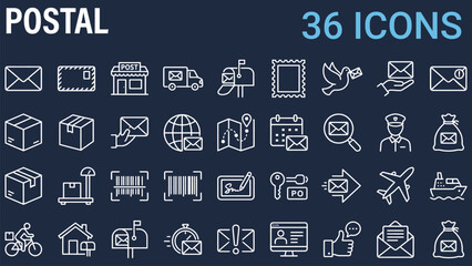 Fototapeta premium Set of thirty six white line representing postal service and mail delivery on a dark blue background featuring envelopes packages post office truck mailbox stamp pigeon courier and logistics