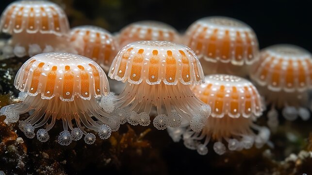 Group of colorful upsidedown jellyfish Cassiopea andromeda underwater with macro view.