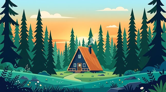 Cozy a-frame cabin in a pine forest landscape at sunset illustration