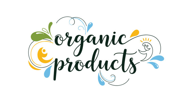 Decorative organic products text logo featuring elegant black calligraphy surrounded by green, yellow, and blue swirls and droplets.