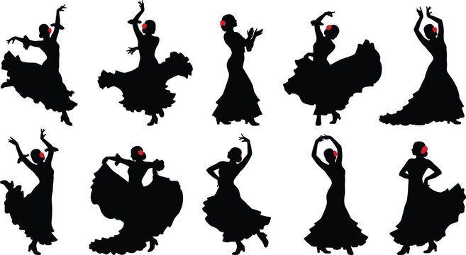 Ten black silhouettes of flamenco dancers in various poses wearing long ruffled dresses and red flowers in their hair isolated on a white background