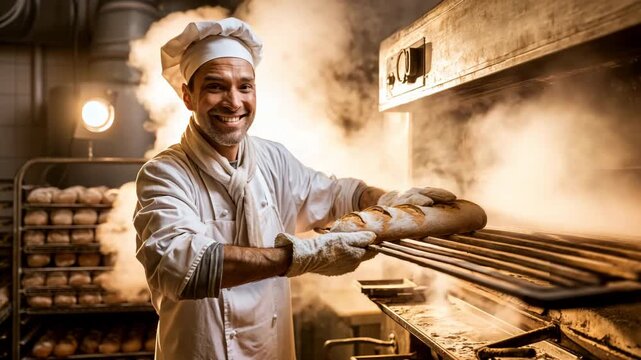 A professional baker proudly holds a freshly baked artisan loaf in a bakery, surrounded by warm oven steam.
