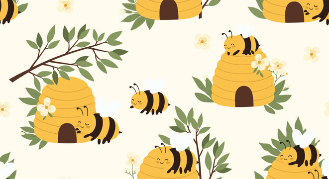 Cute seamless pattern of happy bumblebees flying around their beehives surrounded by green leaves and white flowers.