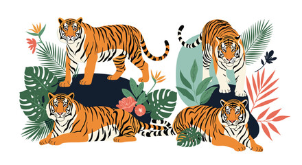 Obraz premium Majestic tiger illustration showing multiple tigers in different poses amongst tropical palm leaves and exotic flowers.