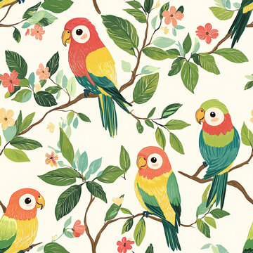 Colorful parrots resting in tropical foliage
