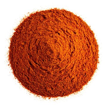 Vibrant Red Chili Powder Piled in Circular Mound on White Background