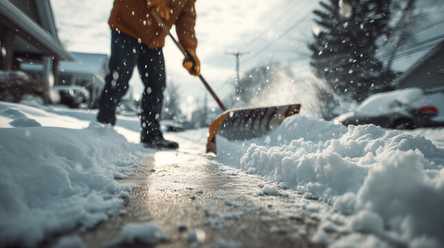 Person clearing snow from sidewalk with shovel after winter snowfall. Seasonal maintenance, home care, cold weather, snow removal and winter safety concept.