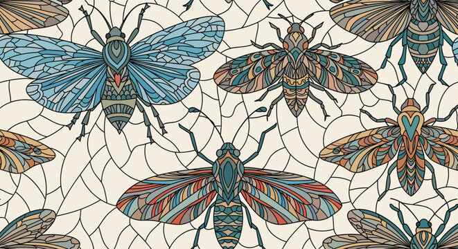 Intricate seamless pattern featuring highly detailed and colorful ornamental beetles and insects on a cracked stone texture background.