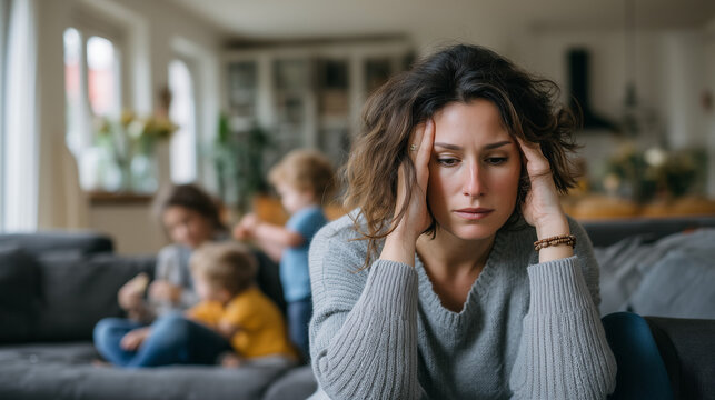 Stressed mother holding head while children play in background. Parenting challenges, family stress, mental load, childcare and emotional wellbeing concept.