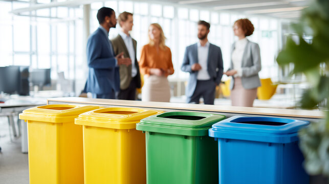 Colorful recycling bins in modern office promoting waste sorting and sustainability. Corporate environmental responsibility and eco-friendly workplace concept.