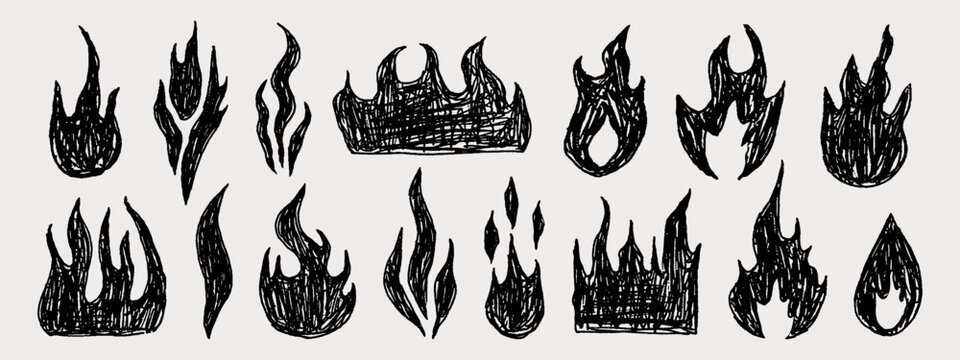 Crayon doodle element with fire flame scribble and punk lightning music. Brush grafitti icon with sketch grunge hand and sticker collage pattern. Texture shape crayon with y2k illustration fire.