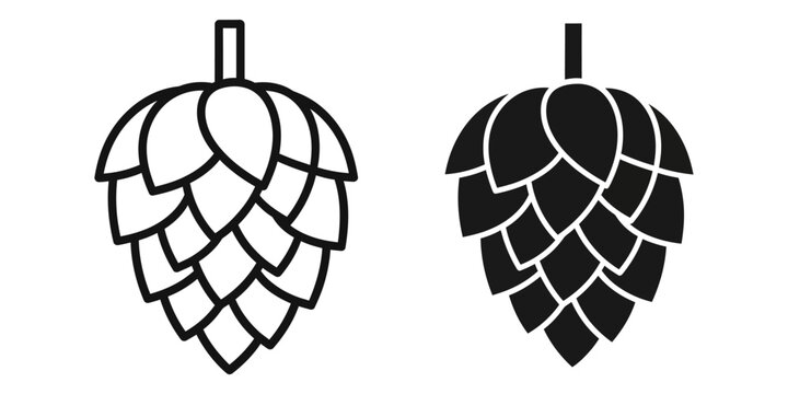 Two hop cones in line art and solid silhouette against a white background