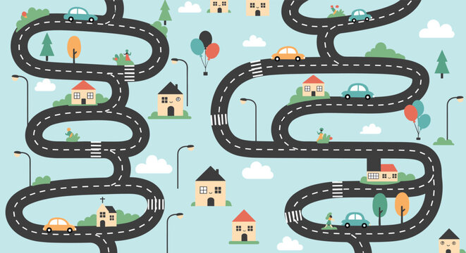 Colorful kids city map play mat design with winding roads, small houses, cars, trees, and balloons on a light blue background.
