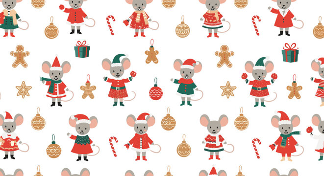 Festive seamless pattern featuring cute mice in Christmas outfits with gingerbread cookies, ornaments, and gifts on a white background.