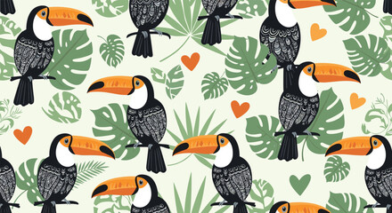 Obraz premium Exotic seamless pattern with detailed toucan birds perched among vibrant green tropical leaves and small orange hearts on a light base.