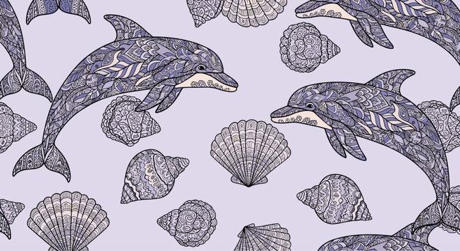 Intricate mandala pattern dolphins and seashells arranged in a seamless design on a light purple background for relaxation and art.