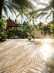 Fototapeta premium Tropical Resort Patio with Lounge Chair and Palm Shadows