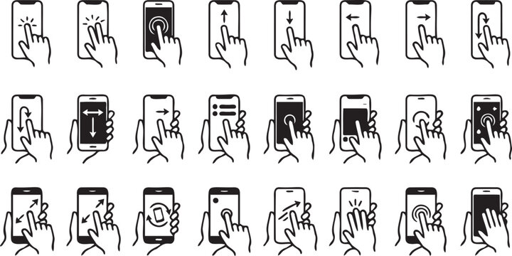 Set of hand gestures interacting with smartphones shown as simple black and white vector graphic line art icon design elements