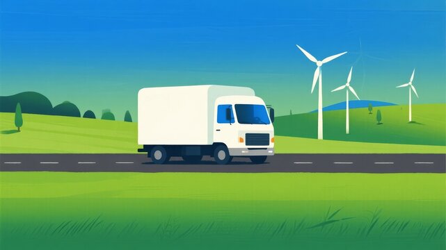 Illustration of freight truck travel by wind power in green countryside