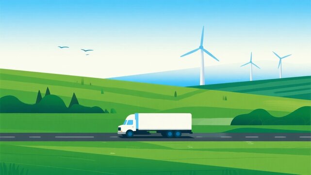 Illustration of freight truck travel by wind power in green countryside
