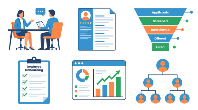 Human resources recruitment collection with job interview candidate screening and onboarding vector set