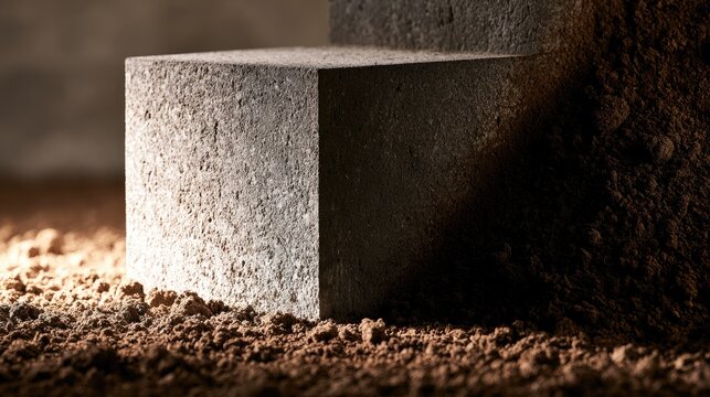 Stone cube on dirt, bathed in light and shadow