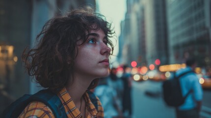 Fototapeta premium Thoughtful Young Person in Urban Setting Contemplating Life Moments in a Bustling City Scene