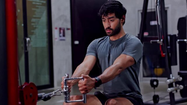 Fitness gym workout strength training cable row muscular man young adult athlete intense focused seated cable row exercise modern gym using cable machine for strength and muscle building with arms