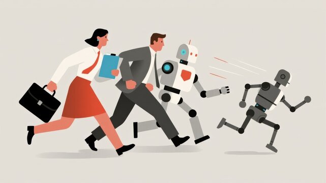 Man-machine peers forge ahead in the workplace, flat illustration