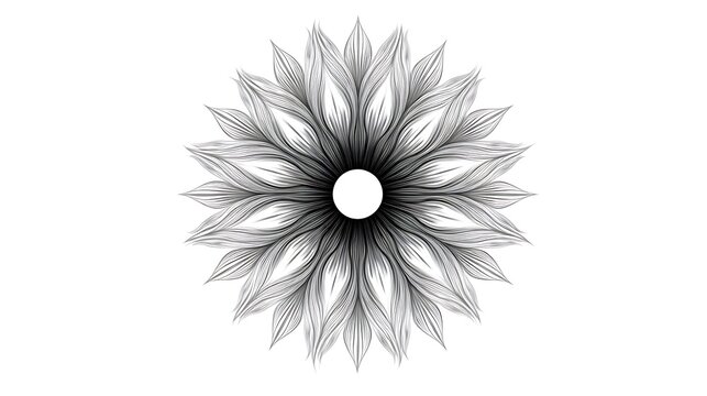Madala coloring book black and white circular mandala pattern with intricate hand drawn leaf and feather style line art details