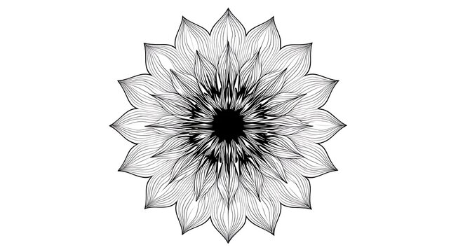Madala coloring book black and white hand drawn mandala flower illustration with intricate petal line art details on white background