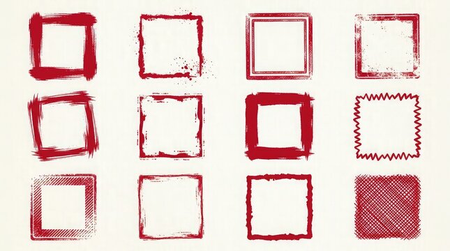 Red stamp and brush style square frame set featuring various textures and designs on white background for graphic design