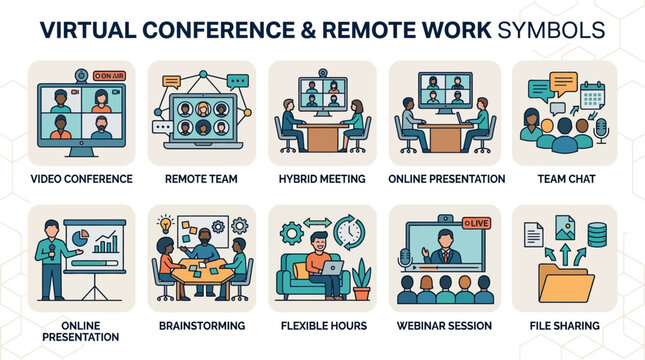 Virtual conference remote work symbols icons.