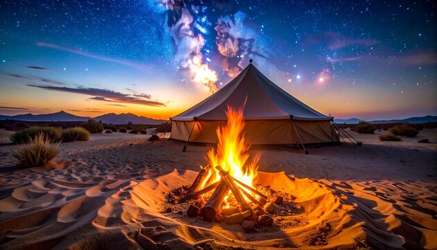 A warm campfire burns brightly in a sandy pit before a large camping tent under a spectacular starry night sky, with the Milky Way visible above distant desert mountains.