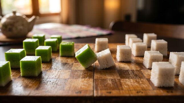 Funny Surreal Art: Traditional Kuih Talam Pieces Playing a Game of Chess
