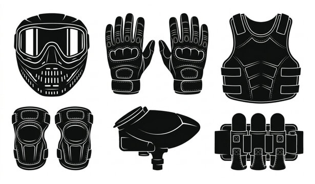 Paintball equipment set mask gloves vest pads and hopper illustration