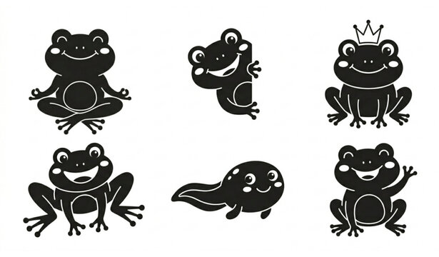 Black silhouette frog characters set yoga crown and tadpole illustrations