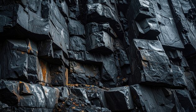 Detailed, atmospheric shot of a dark, textured rock face with dramatic lighting.