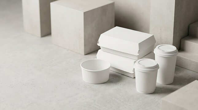 blank white takeaway food packaging mockup featuring burger boxes and paper cups on textured concrete podiums