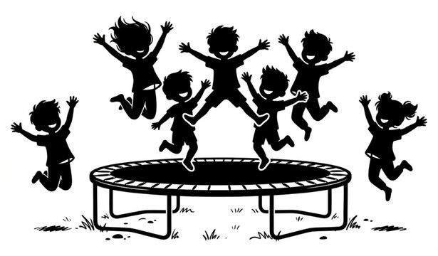 Children jumping on trampoline silhouette illustration