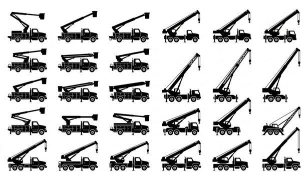 Collection of black silhouette mobile cranes in various positions