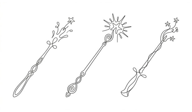 Three linear magic wands with stars and sparkles outline illustration