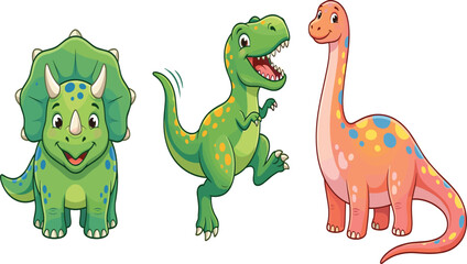 Naklejka premium Cute Cartoon Baby Dinosaur Set – Adorable Triceratops, T-Rex and Brachiosaurus Characters Collection